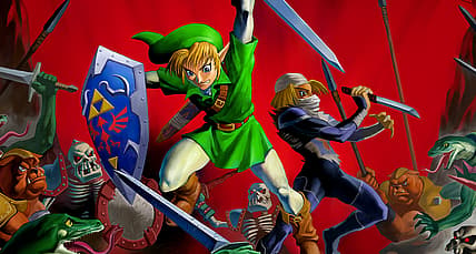 Link and Sheik battle Ganondorf's forces in Yusuke Nakano's art for The Legend of Zelda: Ocarina of