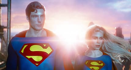 Superman (CGI) and Supergirl (CGI) watch the Multiverse collapse in The Flash (2023), Warner Bros