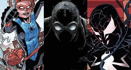 Split image of Spiderling, Spider Man Noir and Spider's Shadow