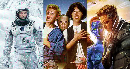 Split image of Interstellar, Bill & Ted's Excellent Adventure, and X-Men: Days of Future Past