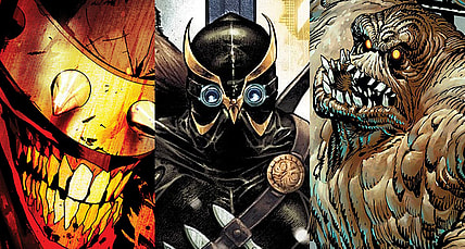 Split image of The Batman Who Laughs, Talon and Clayface