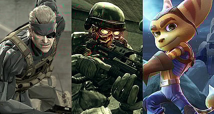 Split image of Metal Gear Solid 4, Killzone 2 and Ratchet & Clank