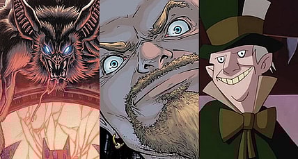 Split image of Man-Bat, Zsasz and the Mad Hatter