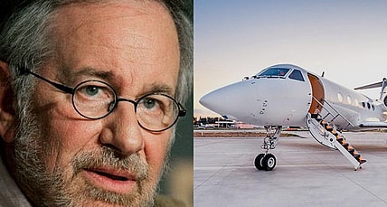 Split image of Steven Spielberg and his private jet
