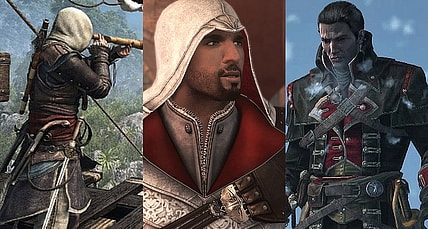 Split image of characters from Assassin's Creed