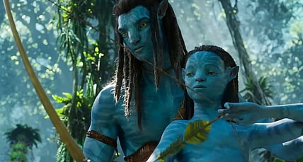 Jake Sully (Sam Worthington) teaches his son Neteyam (Jamie Flatters" how to shoot a bow in Avatar: The Way of Water (2022), Disney via YouTube