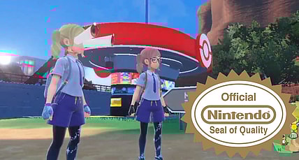 A bug from Pokémon Scarlet & Violet- as shown by @kocha8164- of another player's eye bulge out of their head. The Official Nintendo Seal of Quality (via the Nintendo Fandom Wiki) has been edited onto the corner.