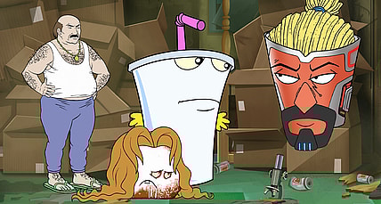 Frylock (Carey Means) formulates a plan with Master Shake (Dana Snyder), Meatwad (Dave Willis) and Carl (Dave Willlis) in Aqua Teen Forever: Plantasm (2022) Williams Street via Blu-ray