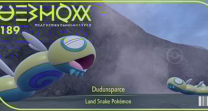 A Pokedex photo of Dudunsparce, showing Two-Segment and Three-Segment forms via Pokémon Scarlet & Violet (2022), Nintendo