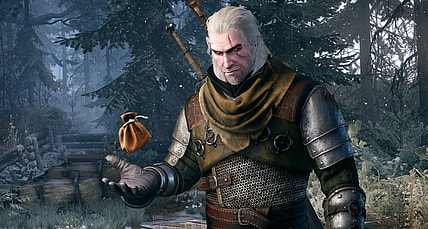 Geralt (Doug Cockle) tosses his coin pouch into the air via The Witcher 3: Wild Hunt (2015), CD Projekt