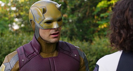 Daredevil (Charlie Cox) has questions for Jennifer Walters (Tatiana Maslany) after being literally dropped into the scene in She-Hulk: Attorney at Law Season 1 Episode 9 "Whose Show Is This?" (2022), Marvel Entertainment via Disney Plus