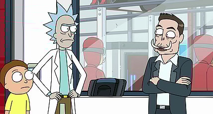 Rick and Morty (Justin Roiland) seek Elon Tusk's (Elon Musk) help in Rick and Morty Season 4 Episode 3 "One Crew Over the Crewcoo's Morty" (2019), Adult Swim