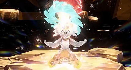 A Tera-Fighting Cinderace yells in defiance at the start of a Tera Raid Battle in Pokémon Scarlet & Violet (2022), Nintendo