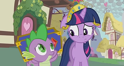 Twilight Sparkle and Spike shoot each other looks of concern and confusion via My Little Pony: Friendship is Magic - 'What My Cutie Mark is Telling Me' Music Video, YouTube