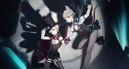 A pair of characters from the upcoming Fontaine region, possibly named Lyney and Lynette via Genshin Impact (2020), miHoYo