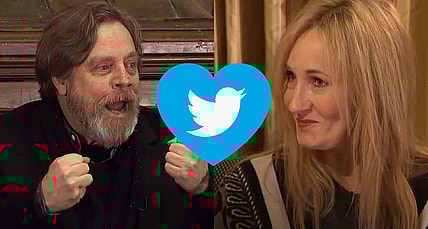 Split image of Mark Hamill and J.K. Rowling with a Twitter heart graphic