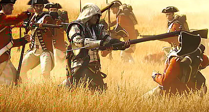 Ratonhnhaké:ton (Noah Watts) stands his ground against British Loyalists in Assassin's Creed III (2012), Ubisoft