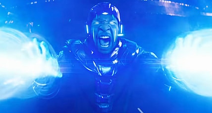 Kang the Conqueror (Jonathan Majors) unleashes his future-tech weaponry in Ant-Man and the Wasp: Quantumania (2023), Marvel Entertainment