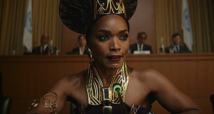 Queen Ramonda (Angela Bassett) prepares to address the United Nations in Black Panther: Wakanda Forever (2022), Marvel Entertainment