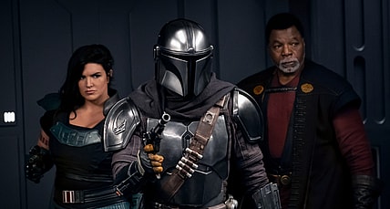 (Left to right) Gina Carano is Cara Dune, Pedro Pascal is the Mandalorian and Carl Weathers is Greef Karga in THE MANDALORIAN, season two, exclusively on Disney+