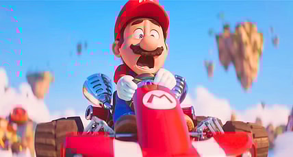 Mario (Chris Pratt) gets air while racing on Rainbow Road in The Super Mario Bros. Movie (2023), Illumination Entertainment