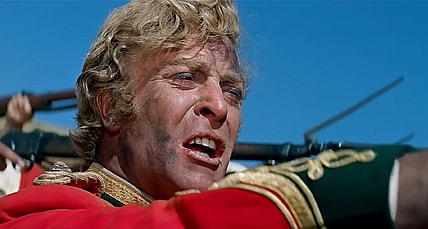 Lt. Gonville Bromhead (Michael Caine) orders his troops to fire in Zulu (1964), Diamond Films