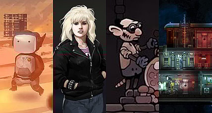 A variety of screenshots from Life of Delta, Rough Justice '84, Potion Tycoon, and Barotrauma via Daedalic Entertainment