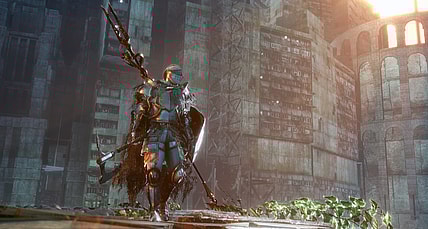 A knight walks through the ruins of a modern city within the Omnistructure, as light shines down on them via Bleak Faith: Forsaken (2023), Archangel Studios