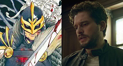 Dane Whitman as depicted on Peach Momoko's variant cover to Black Knight: Curse of the Ebony Blade Vol. 1 #1 (2021), Marvel Comics / Dane Whitman (Kit Harrington) confronts his family's history in Eternals (2021), Marvel Entertainment