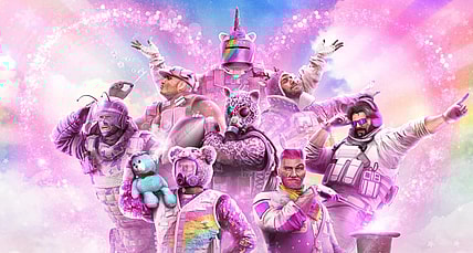 Montagne, Sledge, Thatcher, Tachanka, Smoke, Buck, Kaid, and Blackbeard pose in their Rainbow is Magic gear- surrounded by rainbows and pink sparkles via Tom Clancy's Rainbow Six: Siege (2015) Ubisoft