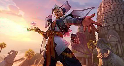 Lifeweaver poses before the setting sun via Overwatch 2 (2022), Blizzard Entertainment