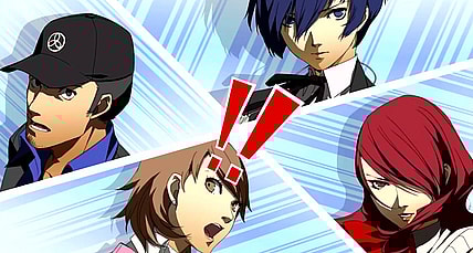 Makoto Yuki (Akira Ishida), Yukari Takeba (Megumi Toyoguchi), Junpei Iori (Kohsuke Toriumi) and Mitsuru Kirijo (Rie Tanaka) prepare to unleash an all-out attack in Persona 3: Portable (2006), Atlus