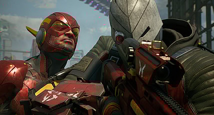 The Flash peers over Deadshot's shoulder, the latter oblivious to his presence via Suicide Squad: Kill the Justice League (2023), Rocksteady Games
