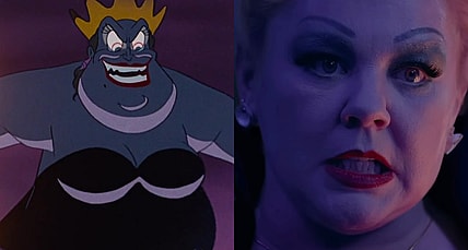 Ursula (Pat Carroll) rises in The Little Mermaid (1989), Walt Disney Studios / Ursula (Melissa McCarthy) confronts Ariel (Halle Bailey) in The Little Mermaid (2023), Walt Disney Studios