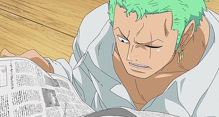 Roronoa Zoro (Kazuya Nakai) receives some shocking news in One Piece Episode 746 "The Numerous Rivals Struggle Amongst Themselves - The Raging Monsters of the New World" (2016), Toei Co. Ltd.