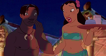 David Kawena (Jason Scott Lee) realizes he's covered in black soot in Lilo & Stitch (2002), Walt Disney Studios