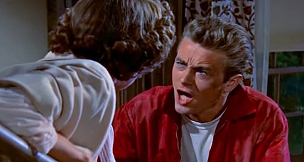 Jim Stark (James Dean) tries explaining his responsibility to his mother Carol (Ann Doran) in Rebel Without A Cause (1955), Warner Bros. Pictures