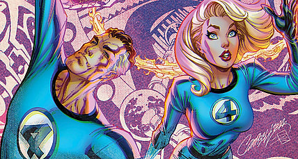 Reed Richards, Sue Storm, Johnny Storm, and Ben Grimm feel Jack Kirby's influence on J. Scott Campbell's variant cover to Fantastic Four Vol. 7 #1 "The Last Town On The Left" (2023), Marvel Comics