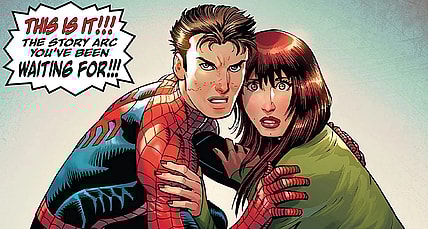 Peter Parker and Mary-Jane Watson cower in defense on John Romita Jr.'s cover to Amazing Spider-Man Vol. 6 #21 (2023), Marvel Comics