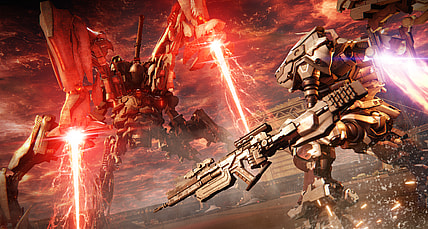 An Armored Core stands before a giant machine with two large lasers via Armored Core VI: Fires of Rubicon (2023), Bandai Namco Entertainment