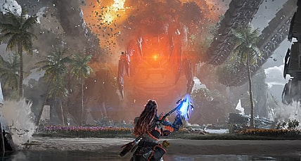 Aloy (Ashly Burch) stands before a Metal Devil via Horizon Forbidden West: Burning Shores (2023), Sony Interactive Entertainment