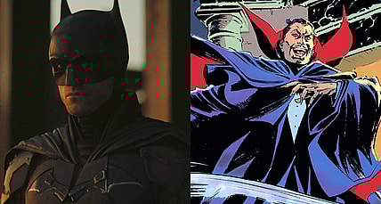 Bruce Wayne (Robert Pattinson) speaks with Selina Kyle (Zoë Kravitz) in The Batman (2022), Warner Bros. Pictures / Dracula appears in Marvel Fanfare Vol. 1 #45 (1989), Marvel Comics