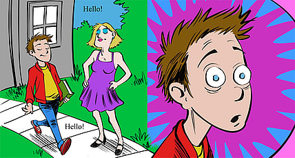 A man passes a man dressed like a woman on a sidewalk.