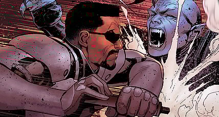 Blade drives a stake through a vampire in Avengers Vol. 8 #14 "The Fall of Castle Dracula" (2019), Marvel Comics. Art by David Marquez and Matthew Wilson.