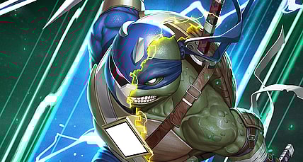 Leonardo accesses the Morphin' Grid on In-Hyuk Lee's variant cover to Mighty Morphin Power Rangers/Teenage Mutant Ninja Turtles II Vol. 1 #1 (2023), BOOM! Studios/IDW Publishing