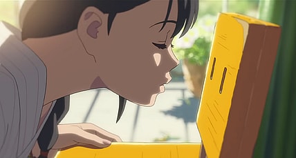 Suzume Iwato (Nanoka Hara) moves in to kiss Sota Munakata (Hokuto Masamura) in Suzume (2022), Toho Co. Ltd.