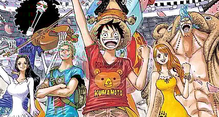 The Straw Hats welcome you to Wano on Eiichiro Oda's color spread to One Piece Ch. 843 "Vinsmoke Sanji" (2016), Shueisha
