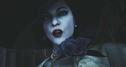 Lady Dimitrescu (Maggie Robertson) catches up to Ethan (Todd Soley) in Resident Evil Village (2021), Capcom