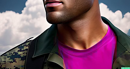 A Gab AI-generated image of a U.S. marine wearing a pink t-shirt underneath multicam jacket.