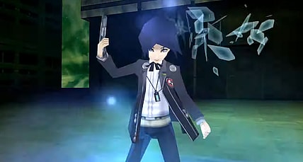 The male protagonist, Makoto Yuki, "shoots" himself in the head with an Evoker, causing glass-like shards to be ejected out of the other side via Persona 3 Portable (2023), Sega